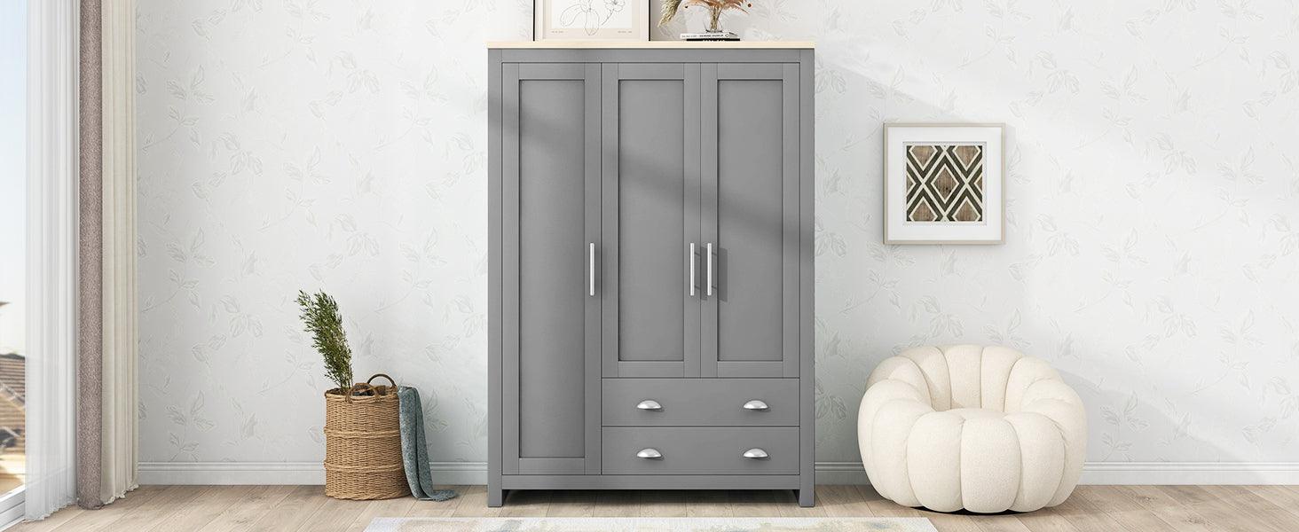 Three Door Storage Wardrobe with Cabinets and Two Hanging Rods,Gray