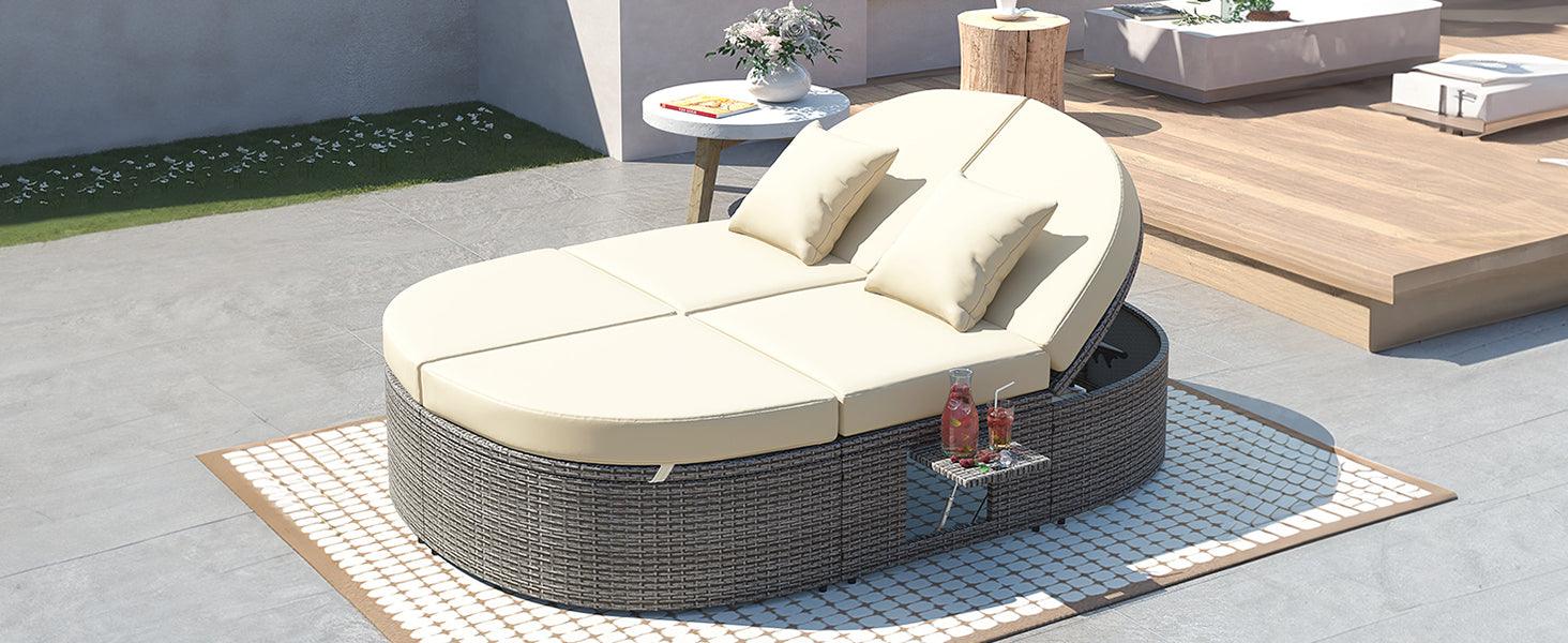 Outdoor Sun Bed Patio 2-Person Daybed with Cushions and Pillows, Rattan Garden Reclining Chaise Lounge with Adjustable Backrests and Foldable Cup Trays for Lawn, Poolside, Beige