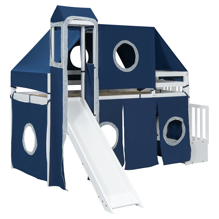 Twin Size Loft Bed with Tent and Tower - Blue - DTYStore