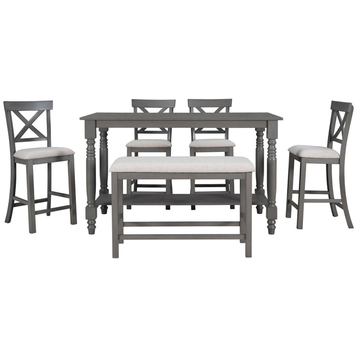 6-Piece Counter Height Dining Table Set with Shelf, 4 Chairs and Bench for Dining Room