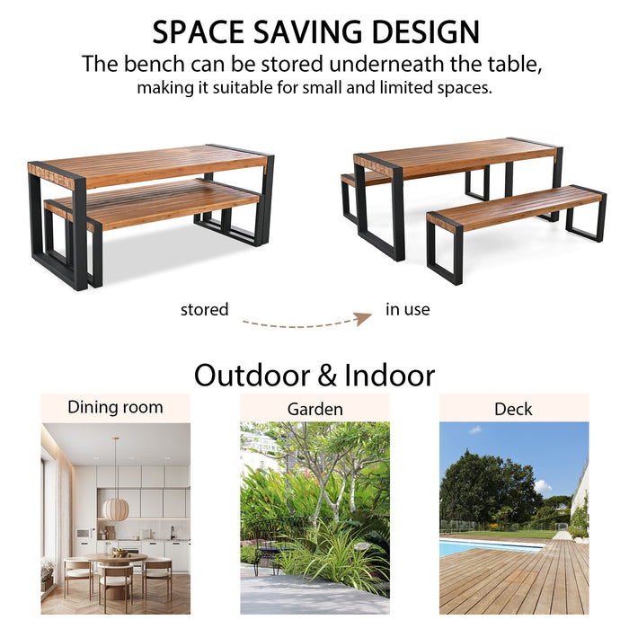 GO 3-pieces Outdoor Dining Table With 2 Benches, Patio Dining Set With Unique Top Texture, Acacia Wood Top & Steel Frame, All Weather Use, For Outdoor & Indoor, Natural - DTYStore