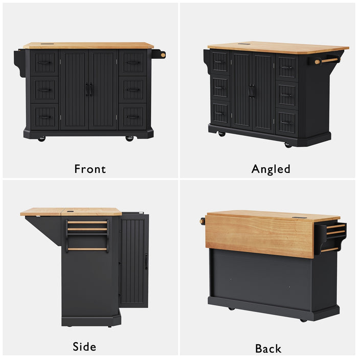 56 inch Kitchen Island with Rubber Wood Veneer Drop Leaf, Power Outlet, 4 Door Shelves, Embossed Vertical Stripe Rolling Kitchen Cart on 4 Wheels with 6 Deep Drawers for Kitchen, Dining Room,Black - DTYStore