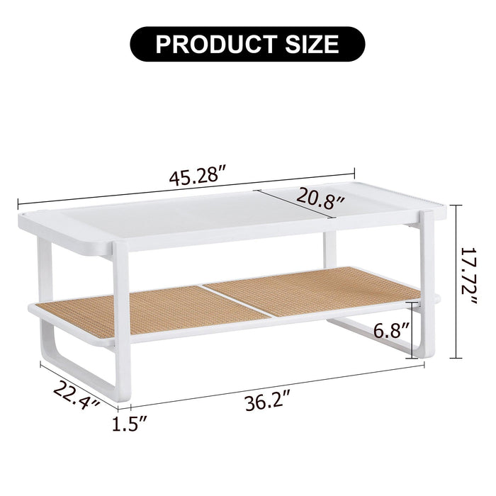 Modern Minimalist White Double Layered Solid Wood Coffee Table. Glass tabletop, imitation rattan edge table. Rectangular table suitable for living room, dining room, and bedroom