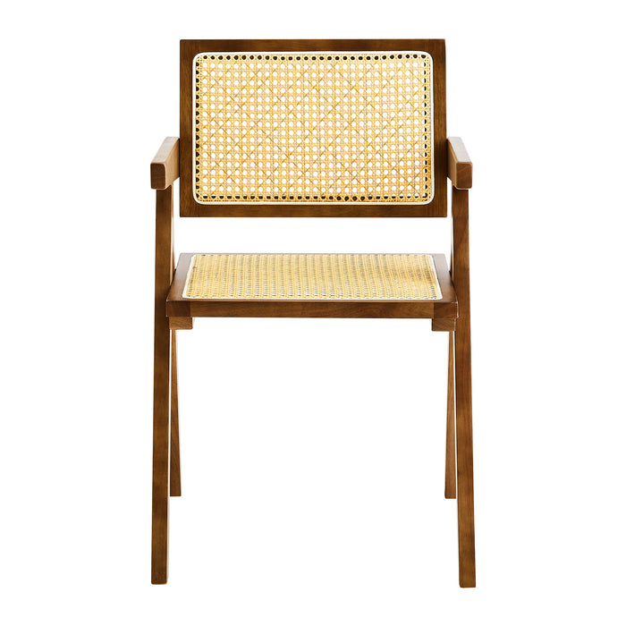 2 dining chairs, walnut color, using rubber wood rattan weaving process, armrest solid wood dining chair, living room chair, simple and natural - DTYStore