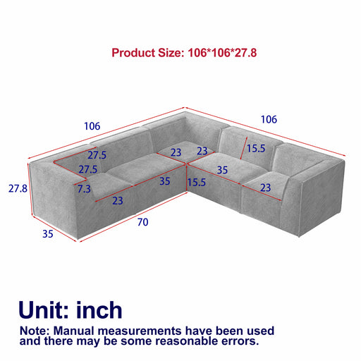 106*106" Chenille Modular L Shaped Sectional Sofa,Luxury Floor Couch Set,Upholstered Indoor Furniture,Foam-Filled Compressed Sofa for Living Room,Bedroom,5 PC Free Combination - DTYStore
