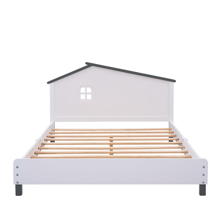 Full Size Wood Platform Bed with House-shaped Headboard (White+Gray)