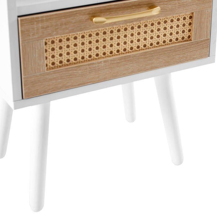 15.75" Rattan End table with drawer and solid wood legs, Modern nightstand, side table for living room, bedroom, white - DTYStore