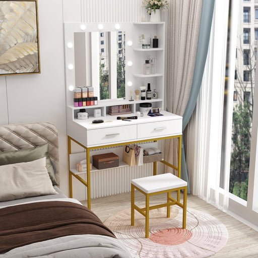 White modern simple vanity with stool, solid metal frame construction, 9 LED lights illuminate makeup mirror, adjustable brightness - DTYStore