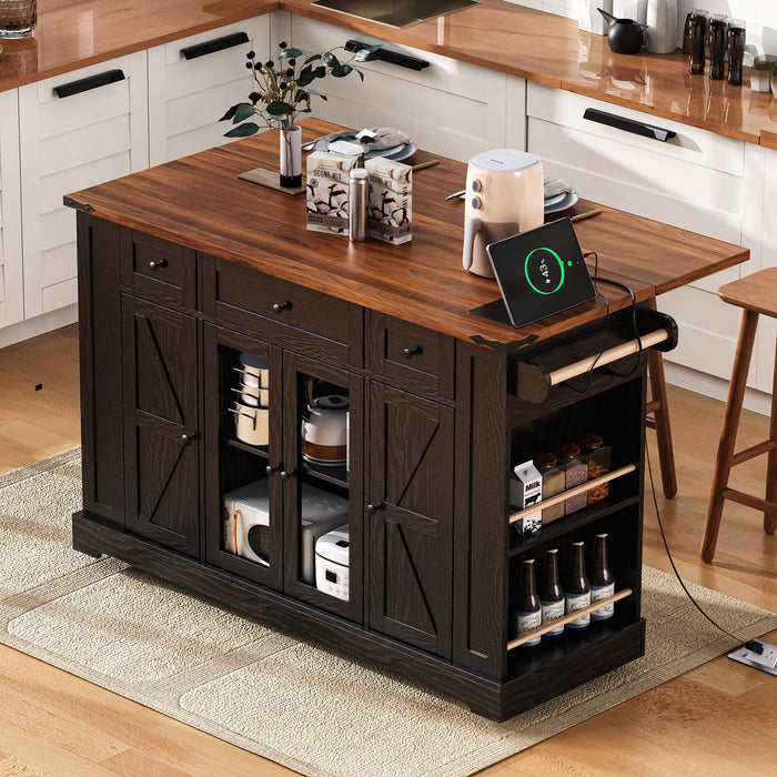 53'' Farmhouse Kitchen Island with Two Tempered Glass Cabinet Doors, Power Outlet, Rolling Kitchen Cart on Wheels with Drop Leaf, 5 Open Side Racks, 3 Drawers, for Kitchen, Dining Room, Black - DTYStore