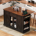 53'' Farmhouse Kitchen Island with Two Tempered Glass Cabinet Doors, Power Outlet, Rolling Kitchen Cart on Wheels with Drop Leaf, 5 Open Side Racks, 3 Drawers, for Kitchen, Dining Room, Black - DTYStore