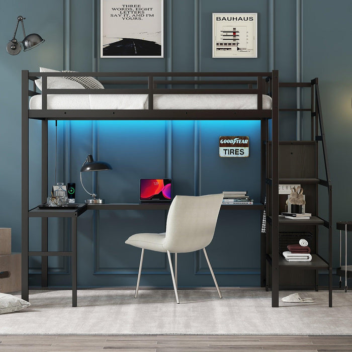 Full Size Loft Bed with L-shaped Desk and USB, Metal Loft Bed with Wardrobe and Adjustable Shelf, High Loft Bed with LED for Kids Teens Adults, Black