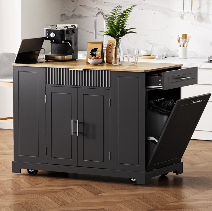 Fluted Kitchen Island with Trash Can Storage Cabinet, Power Outlet, Internal Storage Rack, Rolling Kitchen Islands on 5 Wheels with 3 Drawer, 3 Open Side Racks for 10 Gallon Garbage Bin, Black - DTYStore