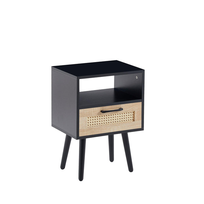 15.75" Rattan End table with drawer and solid wood legs, Modern nightstand, side table for living room, bedroom, black - DTYStore