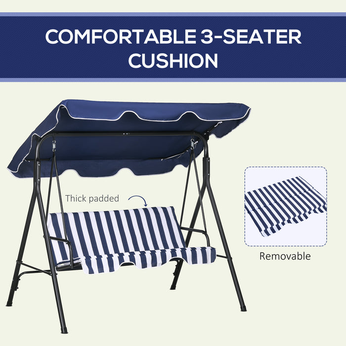 Outsunny 3-Seat Outdoor Patio Swing Chair with Removable Cushion, Steel Frame Stand and Adjustable Tilt Canopy for Patio, Garden, Poolside, Balcony, Backyard, Dark Blue - DTYStore