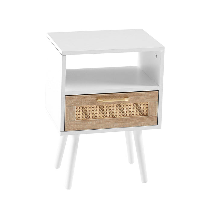 15.75" Rattan End table with drawer and solid wood legs, Modern nightstand, side table for living room, bedroom, white - DTYStore