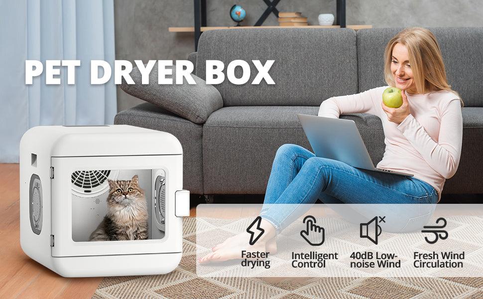 Pet Hair Dryer Box, Ultra Quiet Blow Dryer 6L Capacity for Cats and Small Dogs, Professional Fast Drying Blower, Intelligent Control, Adjustable Temperature and Time, 360 Degree Warm Wind - DTYStore
