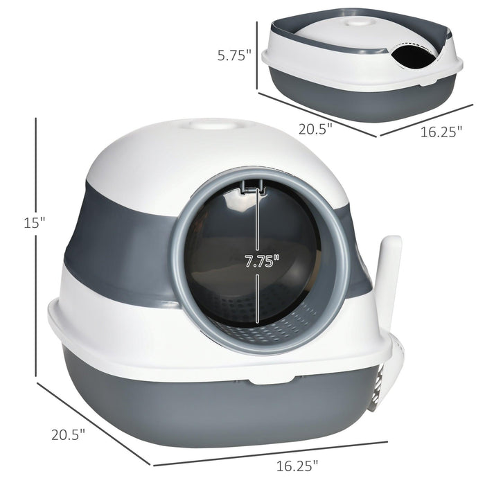 Cat Litter Box with Lid, Covered Litter Box w/ High Sides, Air Freshener, Large Two-Way Entrance Kitty Litter Box, Foldable, Easy Clean, White, and Gray - DTYStore