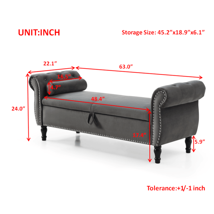 63" Velvet Multifunctional Storage Rectangular Sofa Stool Buttons Tufted Nailhead Trimmed Solid Wood Legs with 1 Pillow,Grey