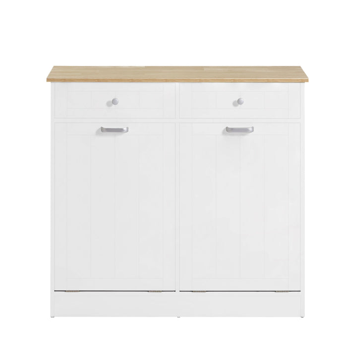 Two-Compartment Tilt-Out Trash Cabinet, Pet Proof Kitchen Trash Cabinet with Cutting Board, Free Standing Laundry Sorter Cabinet, Laundry Hamper, White