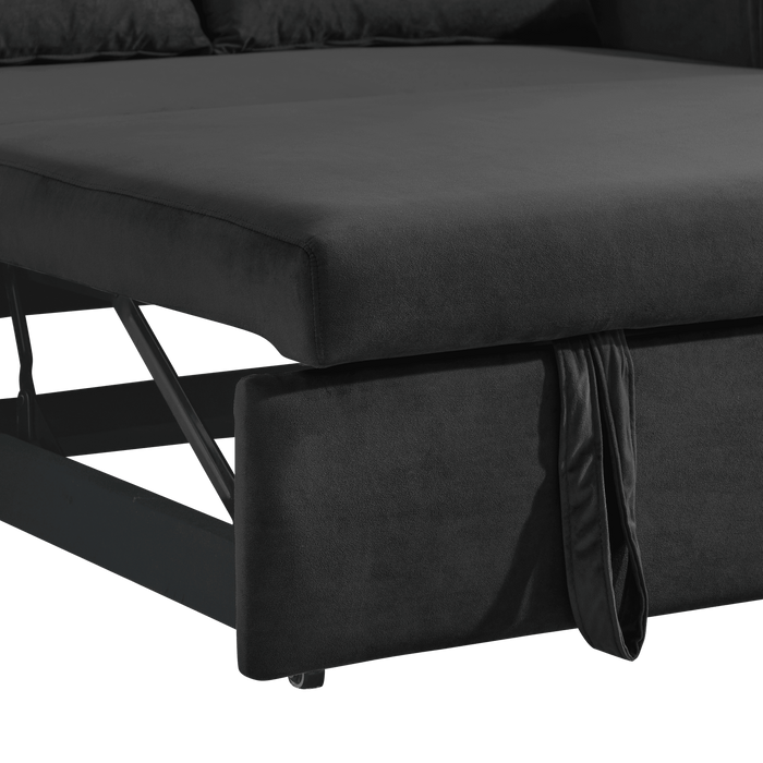 55" Modern Convertible Sofa Bed with 2 Detachable Arm Pockets, Velvet Loveseat Sofa with Pull Out Bed, 2 Pillows and Living Room Adjustable Backrest, Grid Design Armrests