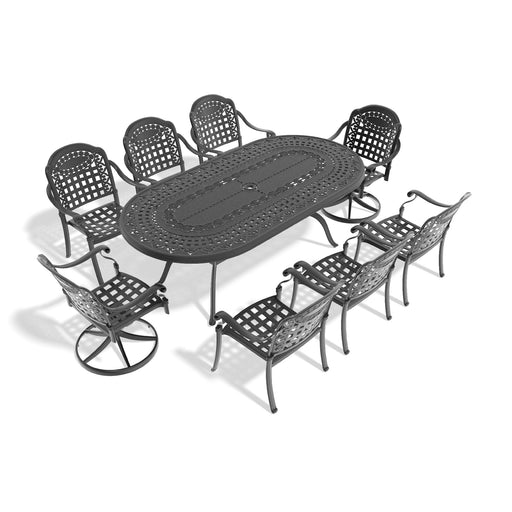 9-Piece All-Weather Cast Aluminum Dining Set, Include 2 Swivel Chairs,6 Dining Chairs and Oval Table With Black Frame - DTYStore