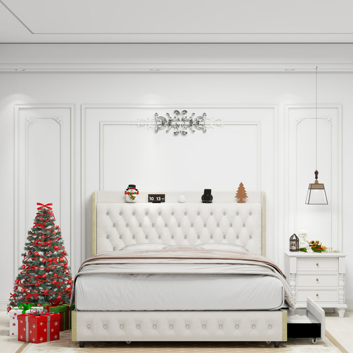 Queen size bed frame with 4 drawers, Star Projector Galaxy Light, Wingback Upholstered Headboard with Diamond Button, USB Charger and music speaker, PU Leather - DTYStore