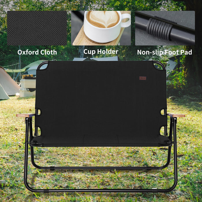 Outsunny Double Folding Camping Chair, Loveseat for 2 Adults, Portable Camping Couch with Wood Armrest & Cupholders, for Backpacking, Beach, Sports Travel, Black - DTYStore