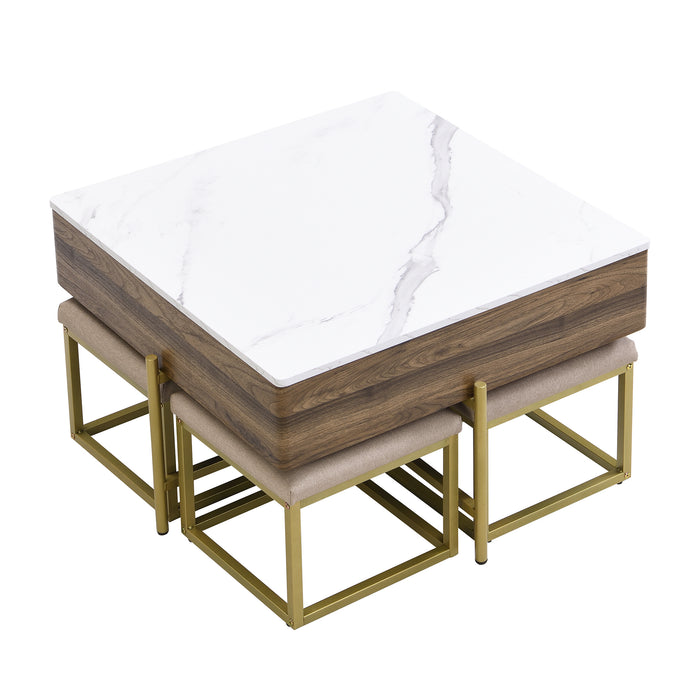 Modern Square Lift-Top Coffee Table Set with Storage & 4 Ottomans White & Walnut - DTYStore