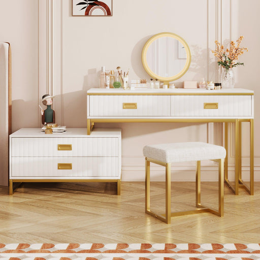 GO Modern Style Vanity Table With Movable Side Cabinet And 4-Drawers, Large Size Dressing Table With Mirror and 3-colors LED Light, Makeup Table With Stool, White, Golden Legs - DTYStore