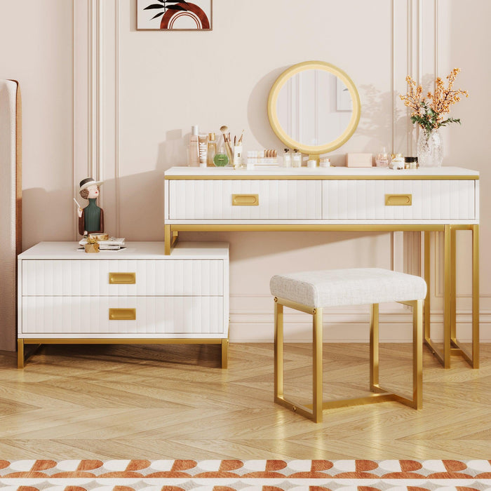 GO Modern Style Vanity Table With Movable Side Cabinet And 4-Drawers, Large Size Dressing Table With Mirror and 3-colors LED Light, Makeup Table With Stool, White, Golden Legs