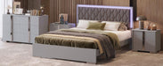 4-Pieces Bedroom Sets Queen Size Upholstered Bed with LED Lights, Mirrored Nightstands and Dresser with Metal Handles and Legs,Grey