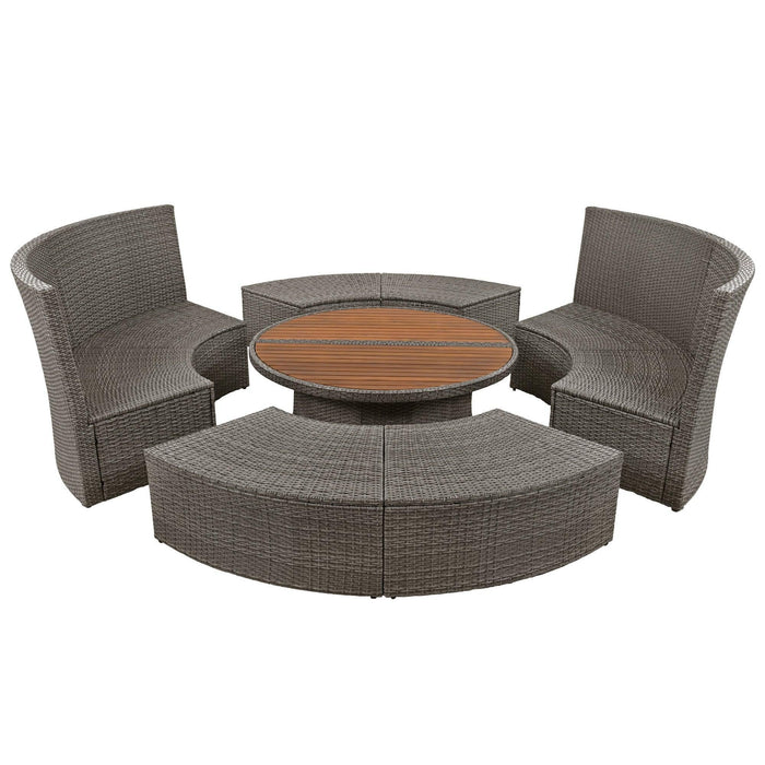 Patio 5-Piece Round Rattan Sectional Sofa Set All-Weather PE Wicker Sunbed Daybed with Liftable Table and Washable Cushions for Outdoor Poolside