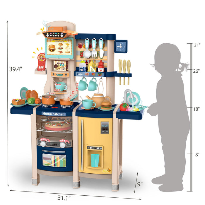 Large Pretend Play Kitchen Set Kids Cooking Playset with Realistic Lights, Vivid Sounds, Play Phone, Clock and 65 Pcs Accessories, 3 +, Blue