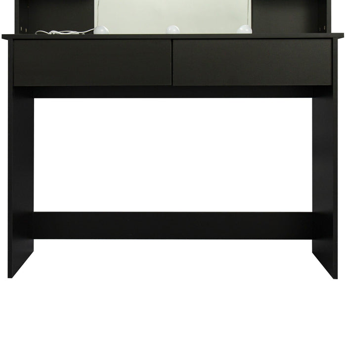 Modern Dressing table with 2 Drawers, 4 open shelves Rectangular Makeup Table with Mirror, 10-lamp bulb,,42.52*15.75* 52.76inch,for Bedroom, Black