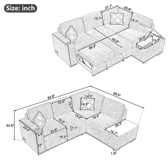 83.8" Sectional Pull-Out Sofa Bed L-Shaped Corner Sofa Couch with Storage Chaise, USB Ports, Power Sockets, Cup Holder for Living Room, Bedroom, Study, Black