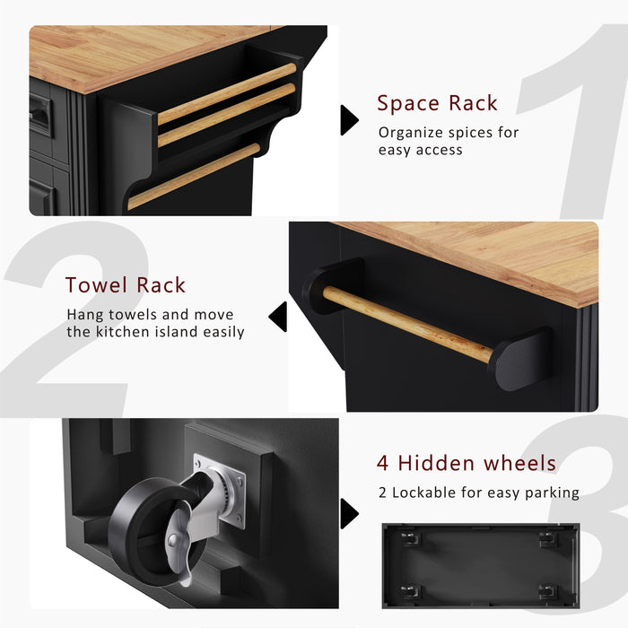 54inch Large Kitchen Island with Rubber Wood Drop Leaf, Embossed Texture Rolling Kitchen Cart on 4 Wheels with 4 Doors and 3 Drawers, Kitchen Island with Storage for Kitchen, Dining Room,Black - DTYStore