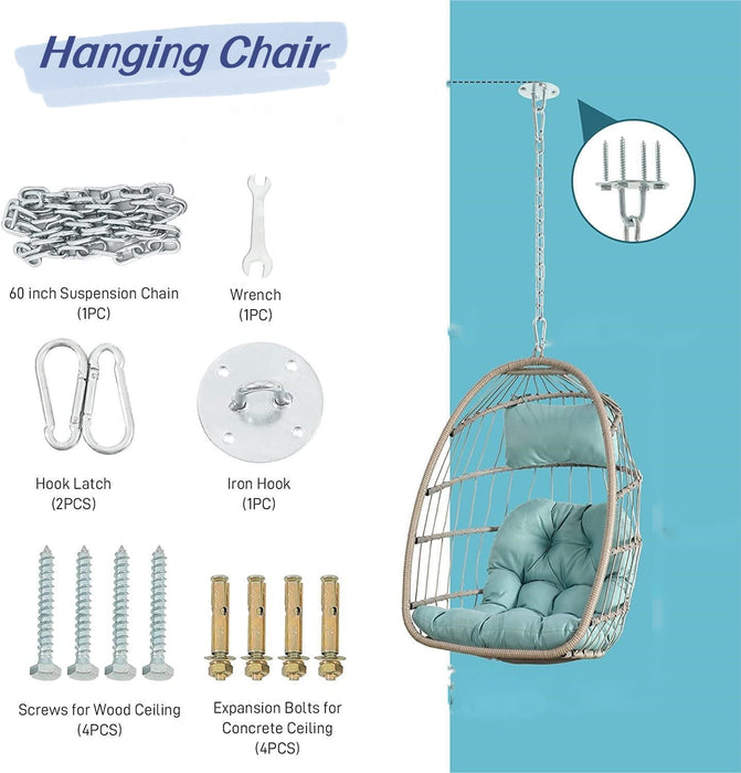 Outdoor Garden Rattan Egg Swing Chair Hanging Chair Wood+Khaki - DTYStore