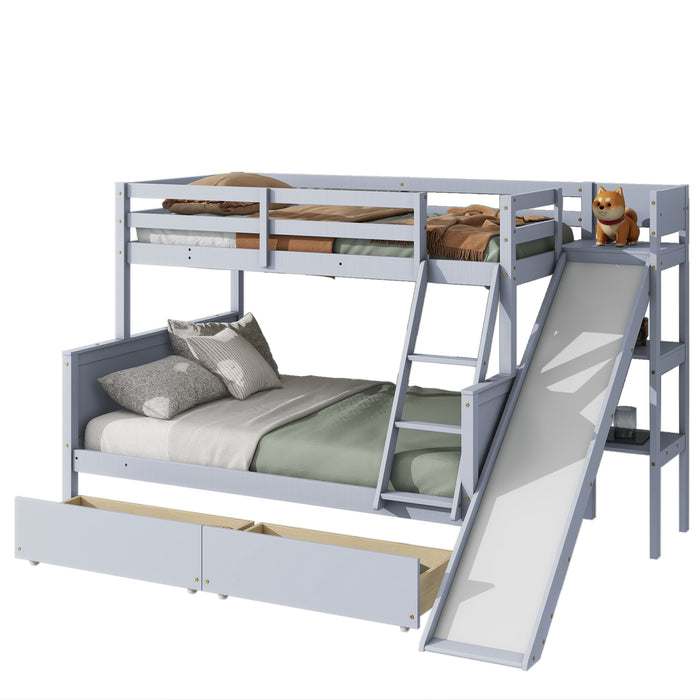 Twin over Full Bunk Bed with 2 Drawers, Slide, Shelves, Ladder, Rubber Wood Bunk Bed with Slide, Drawers,Grey(Old Sku:W504S00061) - DTYStore