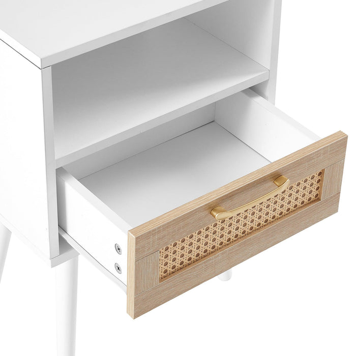 15.75" Rattan End table with drawer and solid wood legs, Modern nightstand, side table for living room, bedroom, white - DTYStore