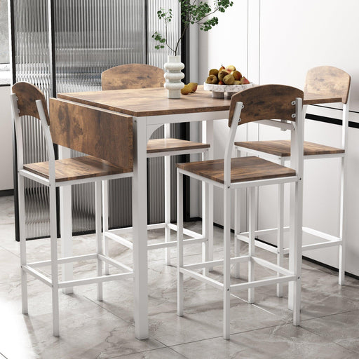 Farmhouse 5-piece Counter Height Drop Leaf Dining Table Set with Dining Chairs for 4,White Frame+ Rustic Brown Tabletop - DTYStore