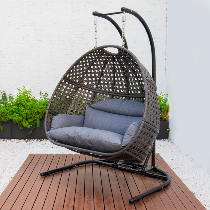 Charcoal Wicker Hanging Double-Seat Swing Chair with Stand w/Dust Blue Cushion - DTYStore