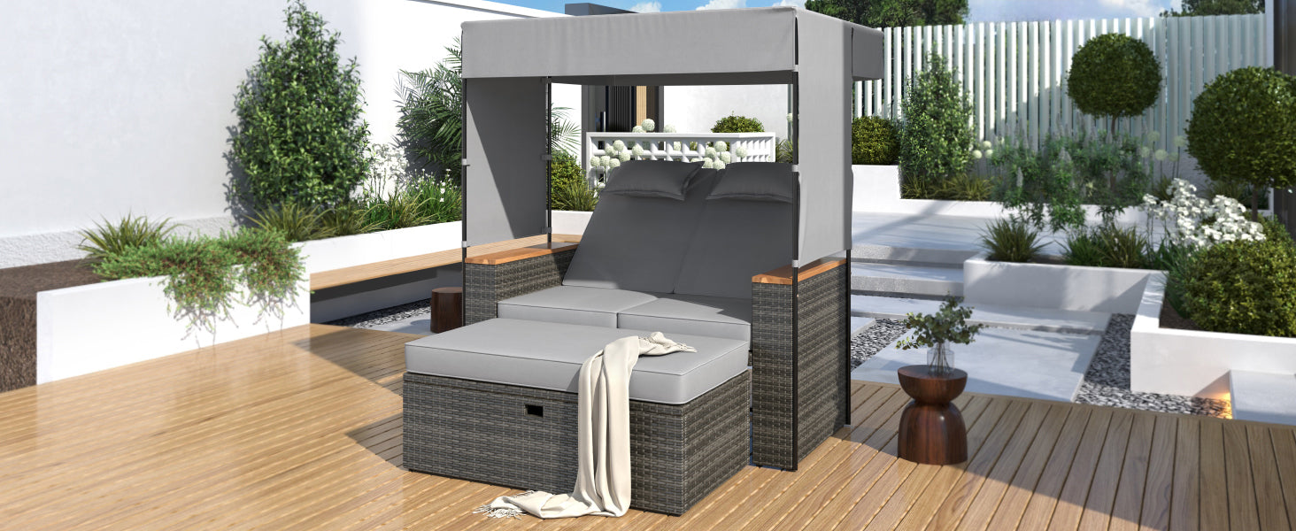 2-Piece Outdoor Rattan Daybed, Outdoor Bed with 5 Positions, Outdoor Loveseat Patio Sofa with Bench Lounge Roof Set and Cushions for Poolside, Backyard and Garden (Grey Wicker + Grey Fabric) - DTYStore