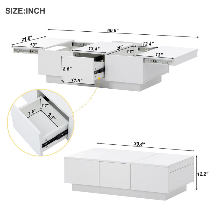 ON-TREND Coffee Table with 2 large Hidden Storage Compartment, Extendable Cocktail Table with 2 Drawers, High-gloss Center Table with Sliding Top for Living Room, 39.3"x21.6", White