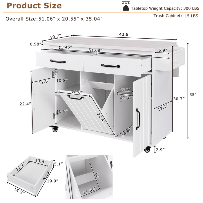 Kitchen Island with Trash Can Storage Cabinet, Kitchen Cart with Drop Leaf, Spice Rack, Towel Rack and Drawer, Rolling Kitchen Island on Wheels with Adjustable Shelf, White - DTYStore