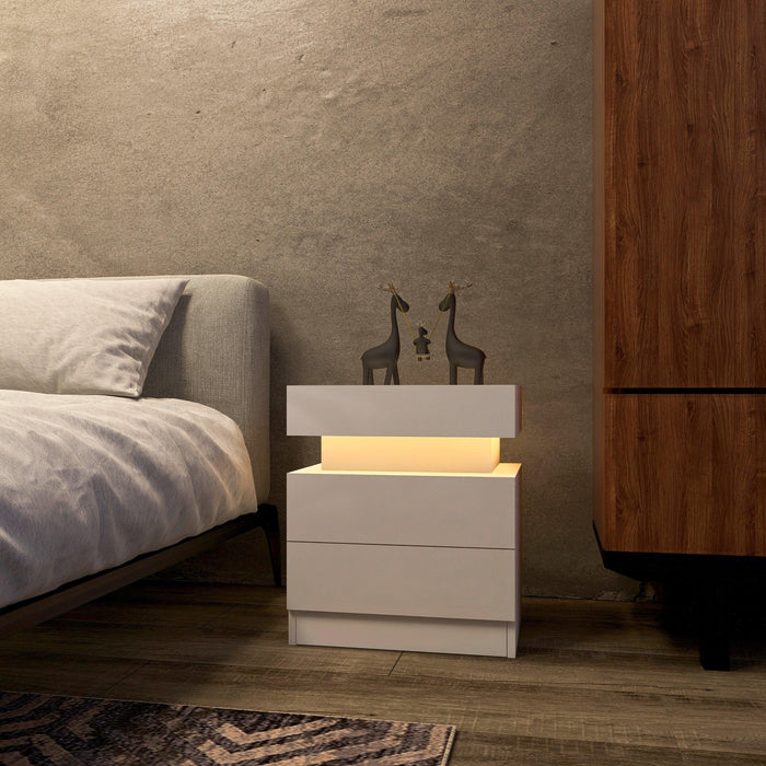 LED Nightstand Modern White Nightstand with Led Lights Wood Led Bedside Table Nightstand with 2 High Gloss Drawers for Bedroom