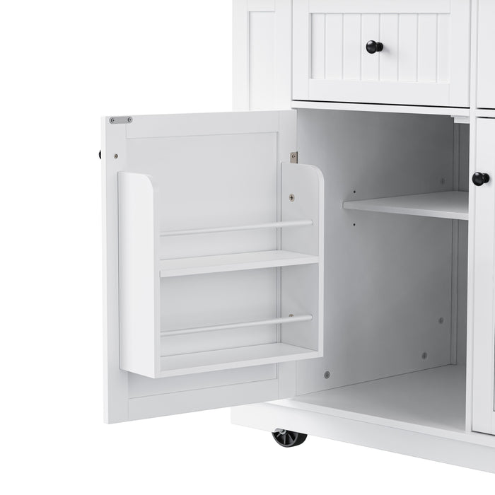 48inch Large Kitchen Island with 2 Bar Stools, Power Outlet, Door Internal Storage Rack, Kitchen Storage Cart on 5 Wheels with Drop Leaf, 5 Open Side Racks, 2 Drawers,for Kitchen,Dining Room,White - DTYStore