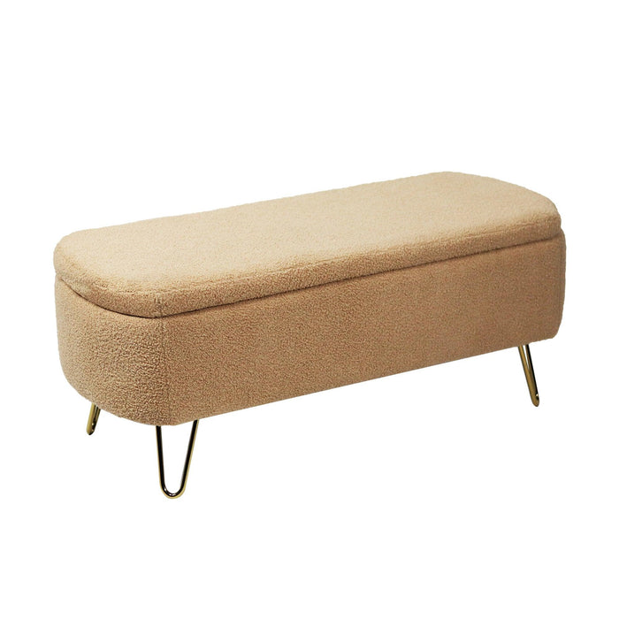 Camel Storage Ottoman Bench for End of Bed Gold Legs, Modern Camel Faux Fur Entryway Bench Upholstered Padded with Storage for Living Room Bedroom