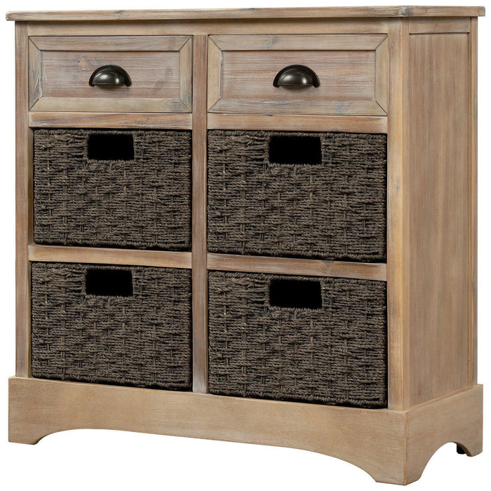 Rustic Storage Cabinet with Two Drawers and Four Classic Rattan Baskets for Living Room