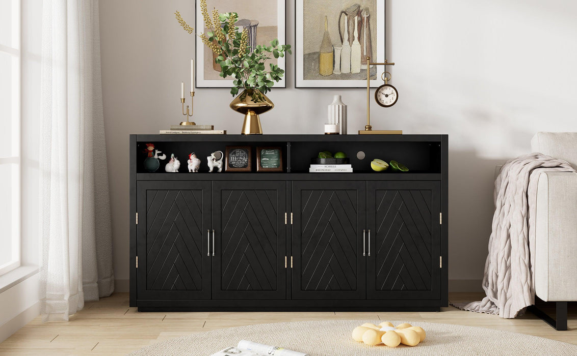 TREXM 4-door Classic Sideboard with Open Storage and Adjustable Shelves Perfect for kitchens, living rooms (Black)