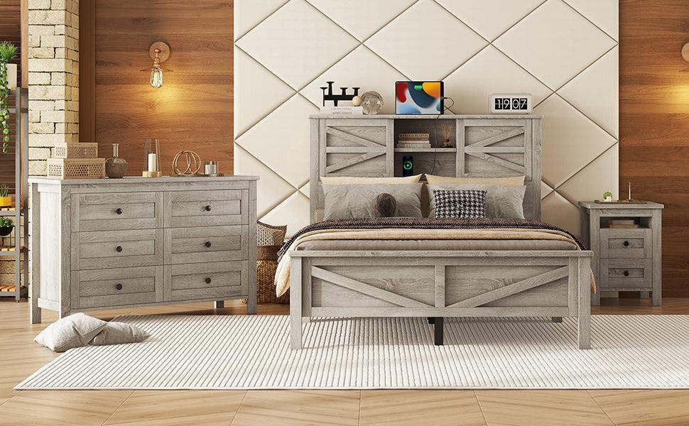 3-Pieces Bedroom Sets Full Size Farmhouse Platform Bed with Double Sliding Door Storage Headboard, Nightstand and Dresser